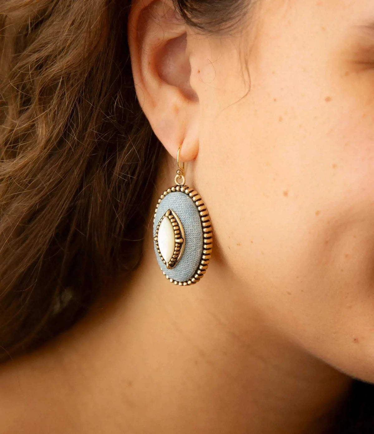 Blue Denim Dreams White Mother of Pearl Golden Drop Earrings - Maven Couture IncEarrings