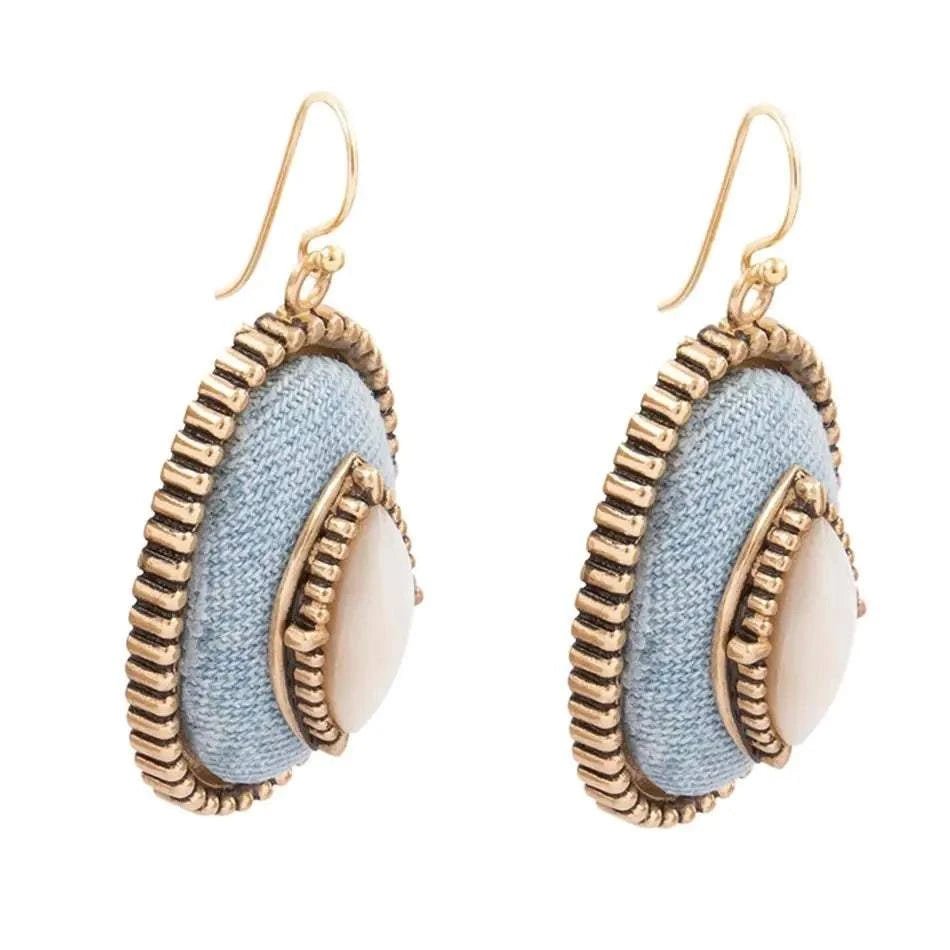 Blue Denim Dreams White Mother of Pearl Golden Drop Earrings - Maven Couture IncEarrings