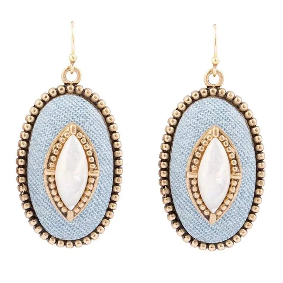 Blue Denim Dreams White Mother of Pearl Golden Drop Earrings - Maven Couture IncEarrings