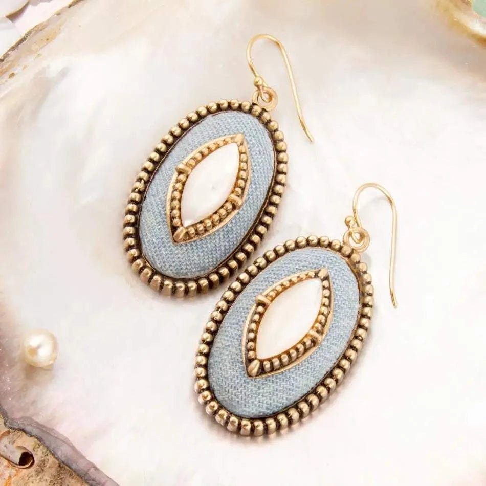 Blue Denim Dreams White Mother of Pearl Golden Drop Earrings - Maven Couture IncEarrings