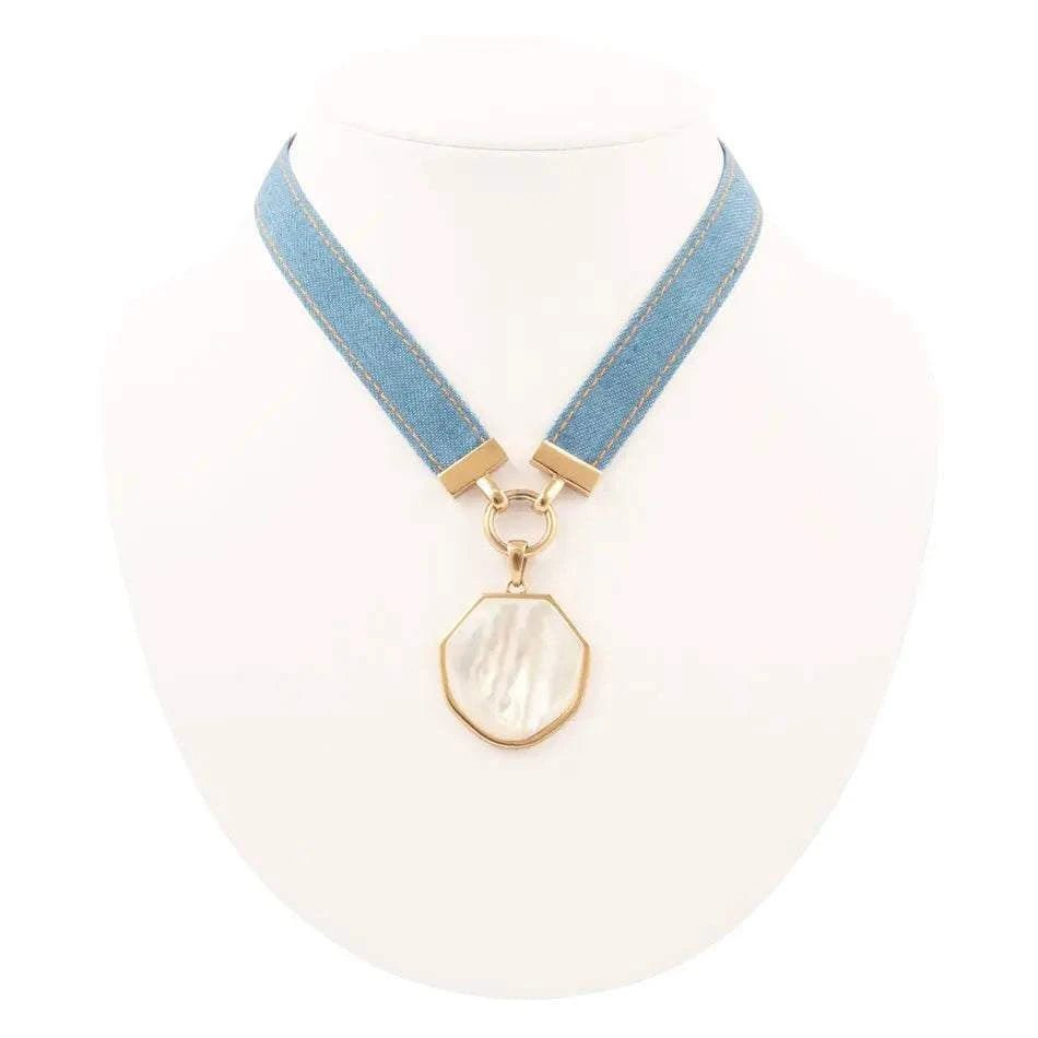 Blue Denim Dreams White Mother of Pearl Ribbon Golden Pendant Necklace - Maven Couture IncNecklaces