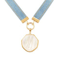 Blue Denim Dreams White Mother of Pearl Ribbon Golden Pendant Necklace - Maven Couture IncNecklaces