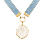 Blue Denim Dreams White Mother of Pearl Ribbon Golden Pendant Necklace - Maven Couture IncNecklaces
