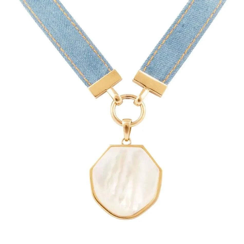 Blue Denim Dreams White Mother of Pearl Ribbon Golden Pendant Necklace - Maven Couture IncNecklaces