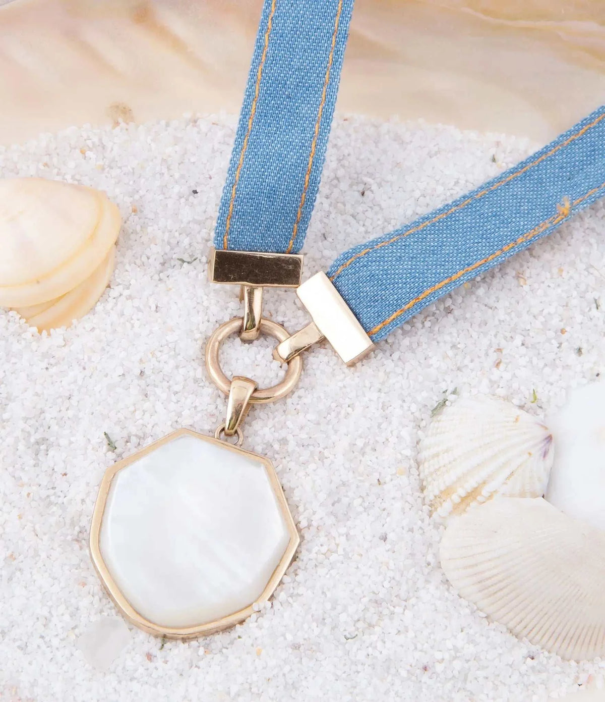 Blue Denim Dreams White Mother of Pearl Ribbon Golden Pendant Necklace - Maven Couture IncNecklaces