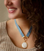 Blue Denim Dreams White Mother of Pearl Ribbon Golden Pendant Necklace - Maven Couture IncNecklaces