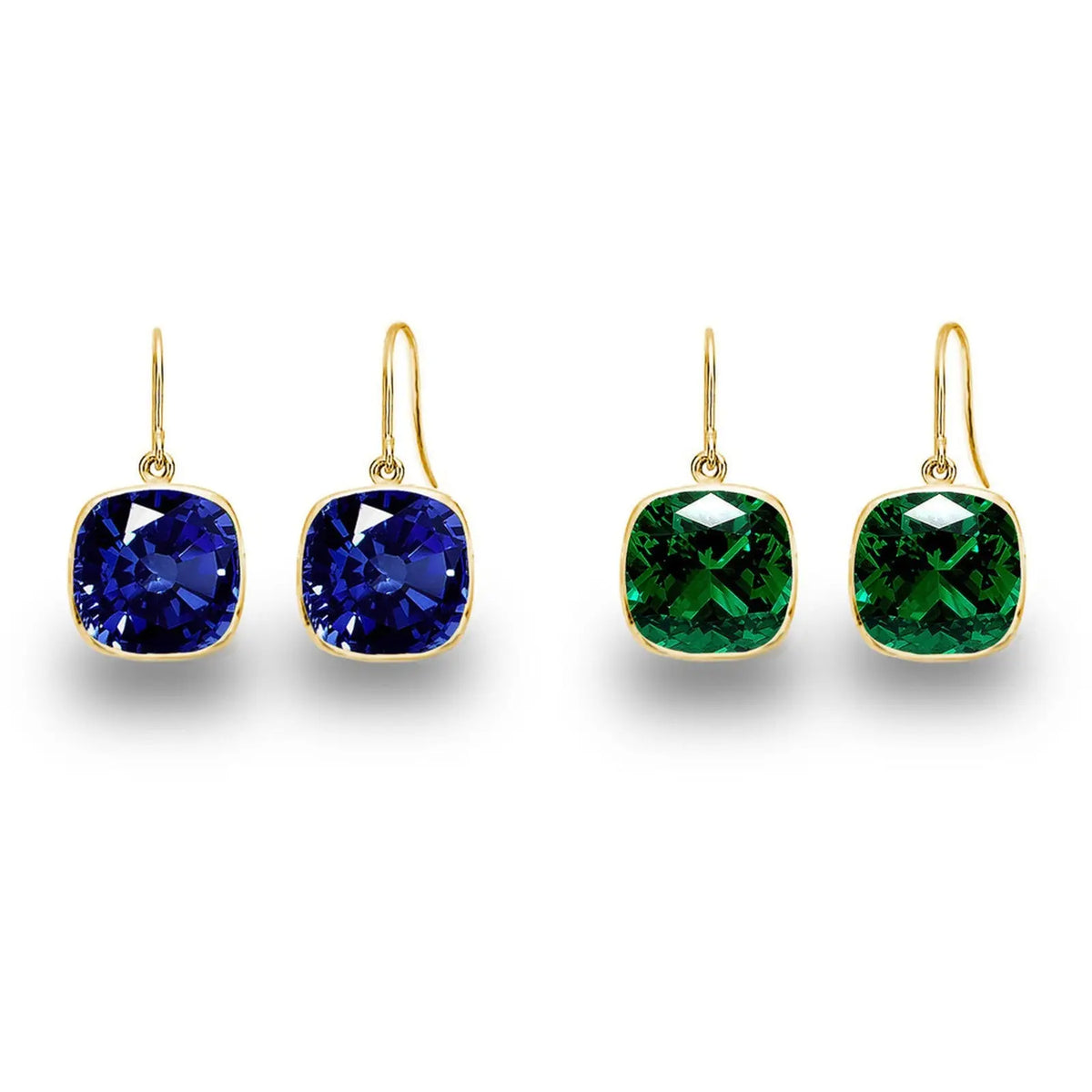 Blue Sapphire & Emerald cushion cut drop earrings with 8mm square gemstones set in 14kt yellow gold hooks