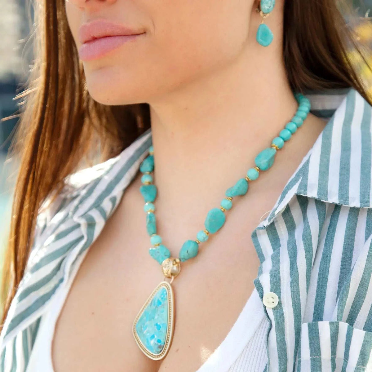 Blue Turquoise Triangle Golden Pendant Necklace - Maven Couture IncNecklaces