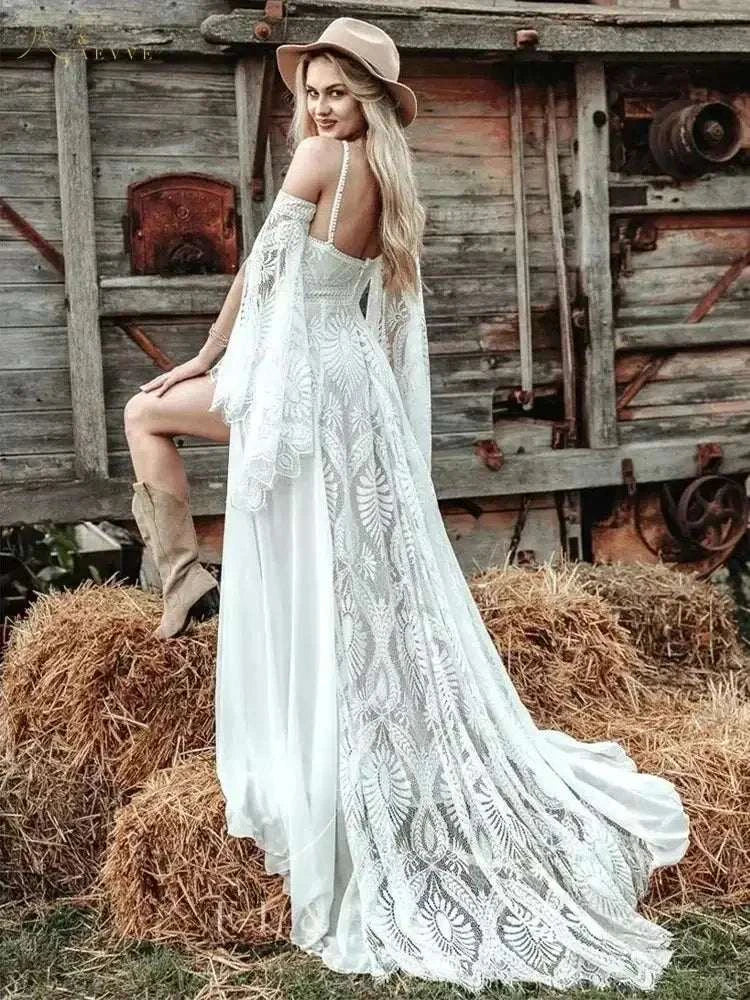 Bohemian Chic Civil Bridal Dress in white crochet lace with halter neckline, flare sleeves, and floor-length court train
