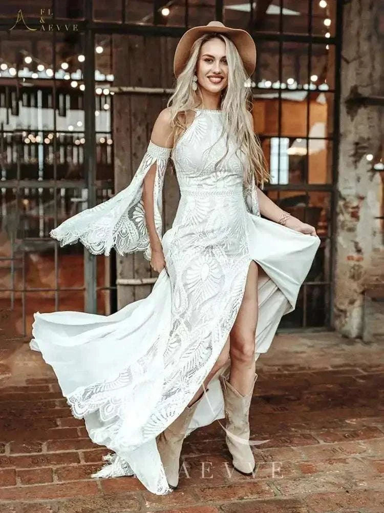 Bohemian Chic Civil Bridal Dress in white lace with halter neckline, long flare sleeves, high slit, floor-length, and natural waist
