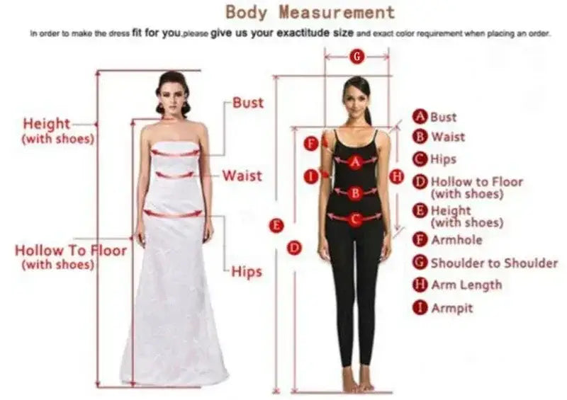 Body measurement guide for Bohemian Mermaid Wedding Dress showing bust, waist, hips, height, hollow to floor, armhole, shoulder to shoulder, arm length, and armpit points