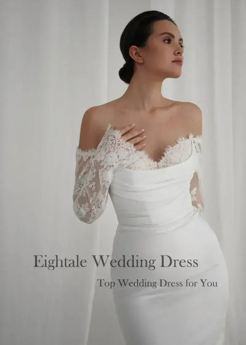 Bohemian Mermaid Wedding Dress featuring an off-shoulder sweetheart neckline with intricate lace sleeves on a slim-fit silhouette