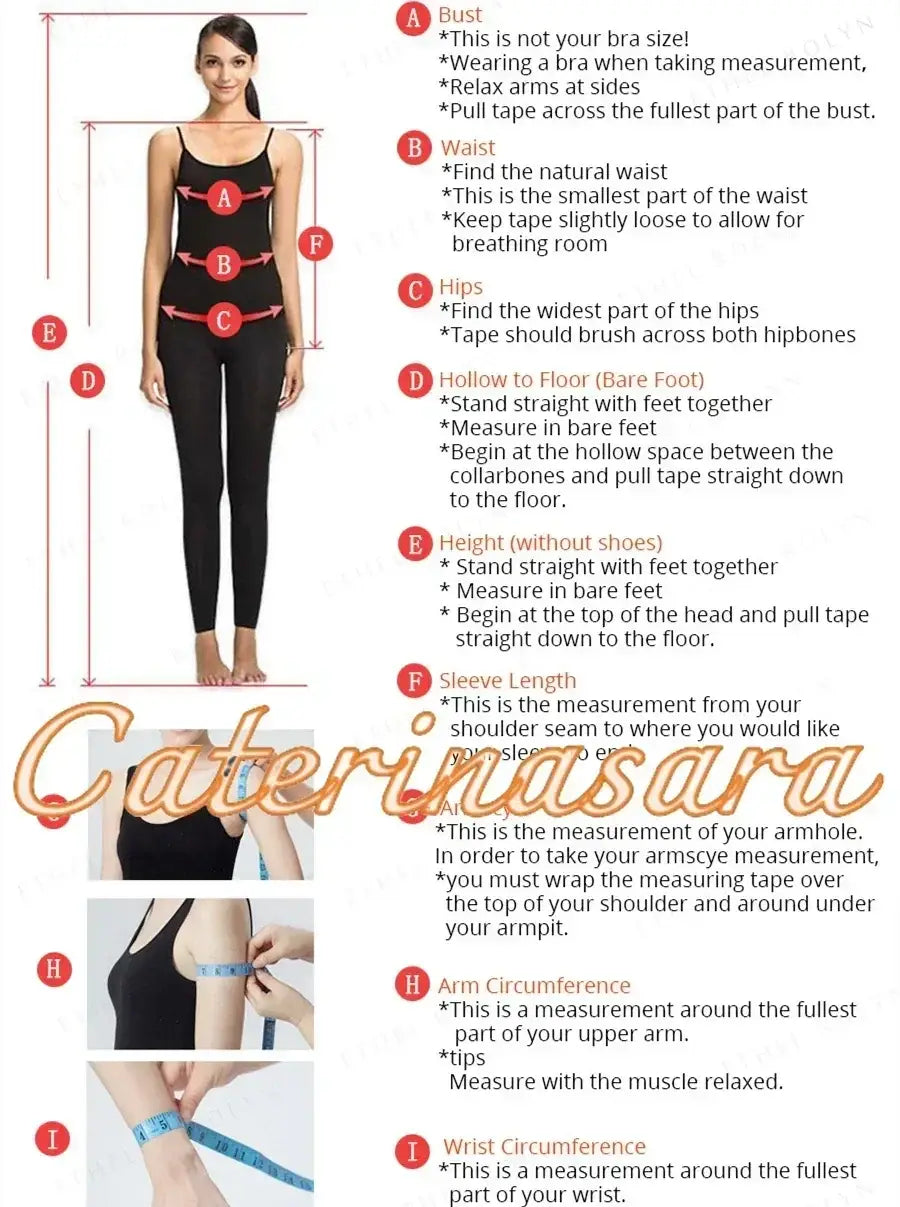 Measurement guide for Boho Mermaid Wedding Dress featuring bust, waist, hips, hollow to floor, height, sleeve length, arm and wrist circumference instructions