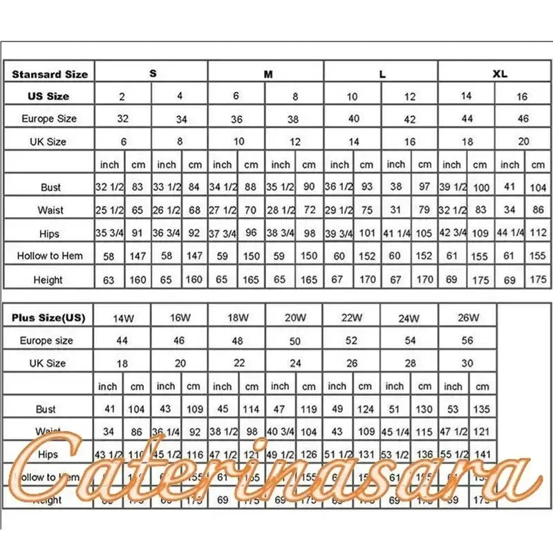 Boho Mermaid Wedding Dress size chart displaying measurements for bust, waist, hips, and length in XS to Plus sizes