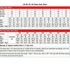 Boho Mermaid Wedding dress size chart for US, RU, EU, UK sizes with measurements for bust, waist, hips, and height in inches and cm
