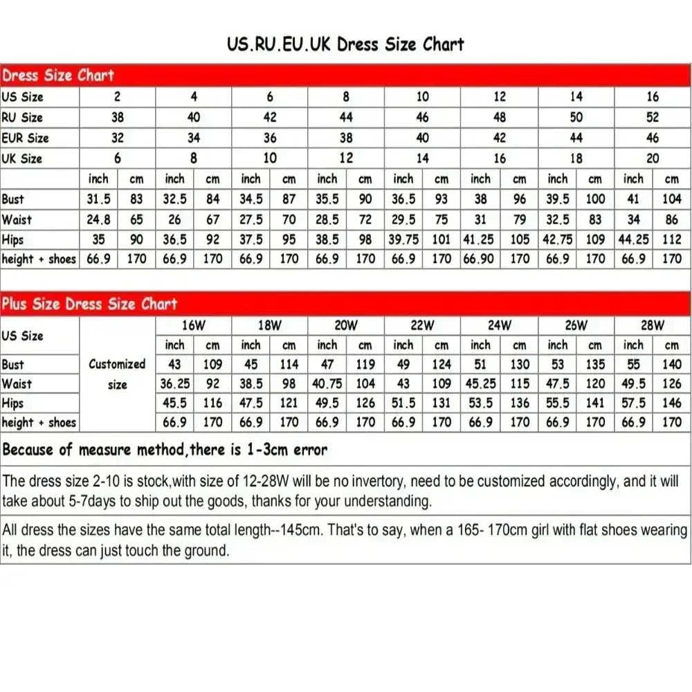 Boho Mermaid Wedding dress size chart for US, RU, EU, UK sizes with measurements for bust, waist, hips, and height in inches and cm