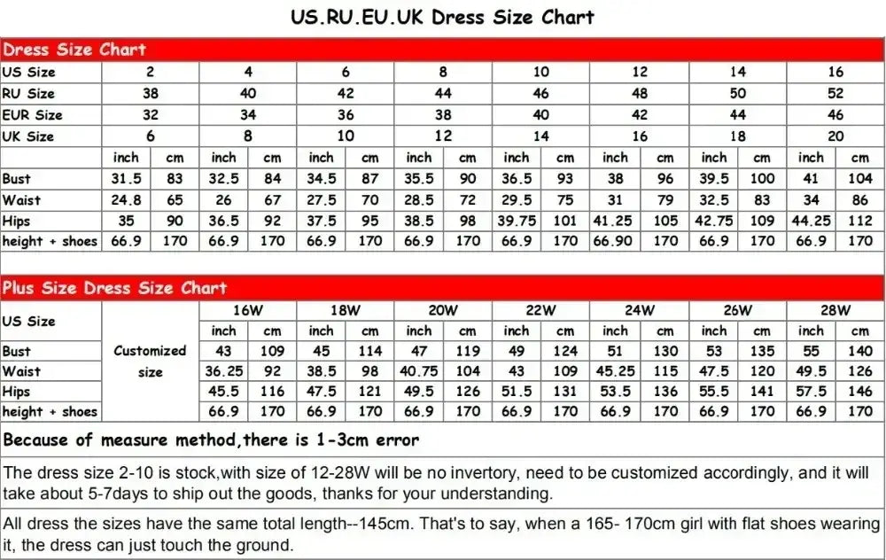 Boho Mermaid Wedding dress size chart showing US, RU, EU, UK sizes with bust, waist, hips measurements in inches and cm