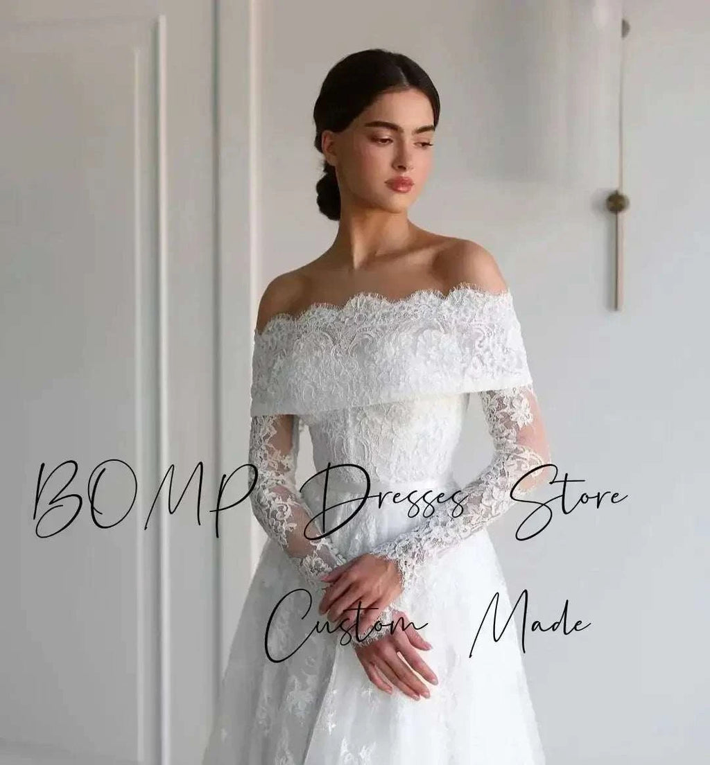 Elegant Lace Wedding Dress in ivory with off shoulder sweetheart neckline, full lace sleeves, and A-line silhouette