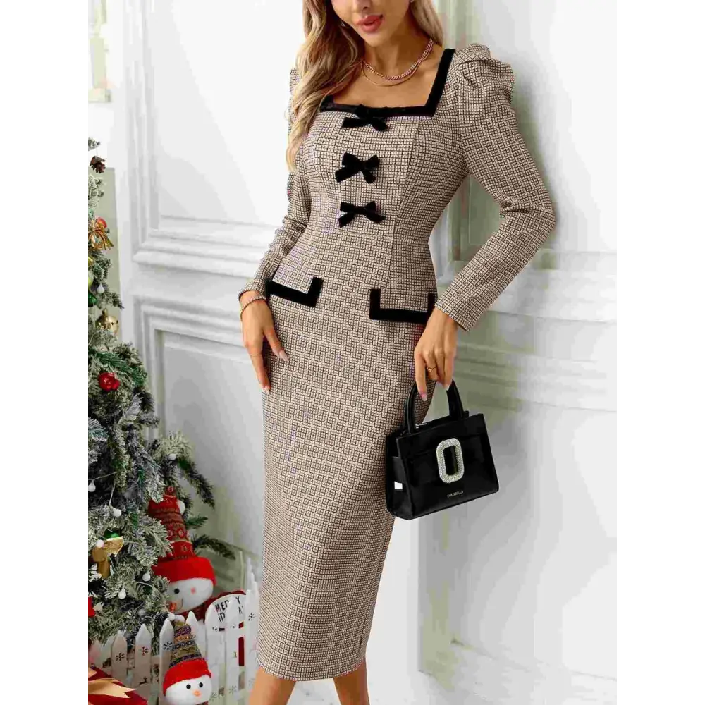 Exquisite bow plaid square neck dress in luxury fashion for woman $32.99 exquisite bow opaque elegance slightly