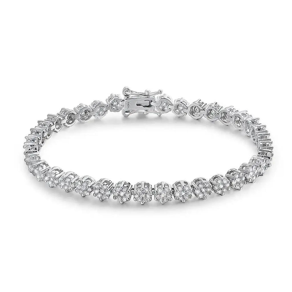 Brilliant Flower Created Moissanite Tennis Bracelet in 14K white gold overlay with clear flower-cut stones on sterling silver