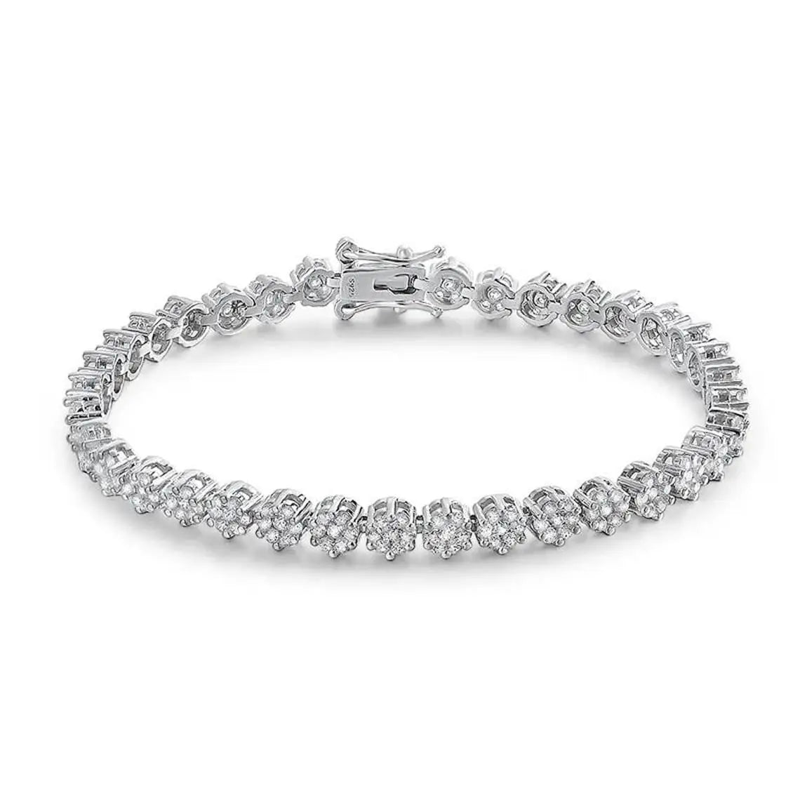 Brilliant Flower Created Moissanite Tennis Bracelet in 14K white gold overlay with clear flower-cut stones on sterling silver