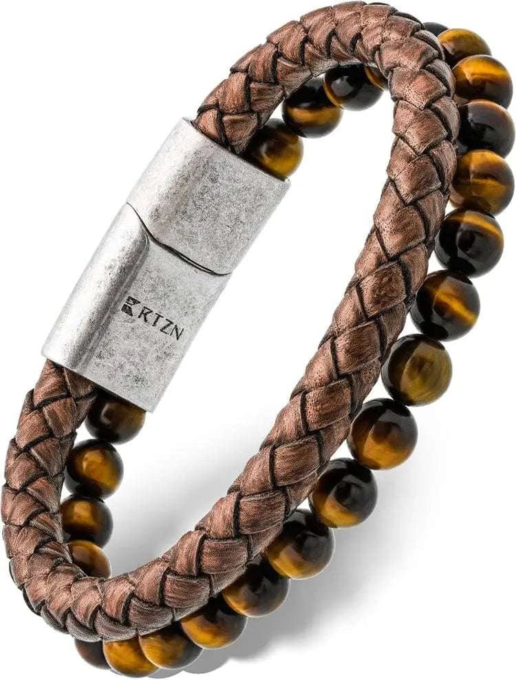 Brown Braided Leather & Tiger Eye Bead Bracelet - Maven Couture IncLeather Bracelet
