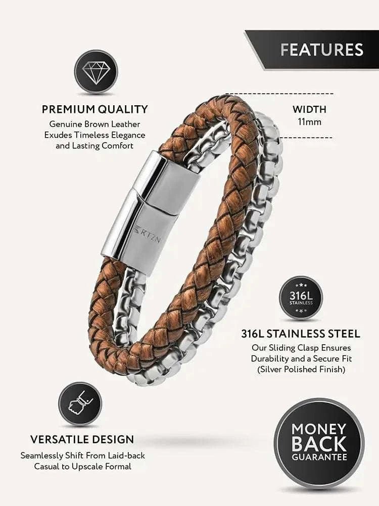 Brown Leather & Silver Box Chain Bracelet - Maven Couture IncLeather Bracelet