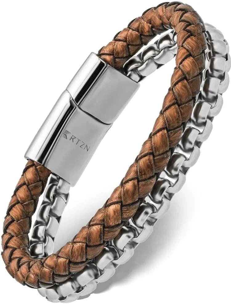Brown Leather & Silver Box Chain Bracelet - Maven Couture IncLeather Bracelet