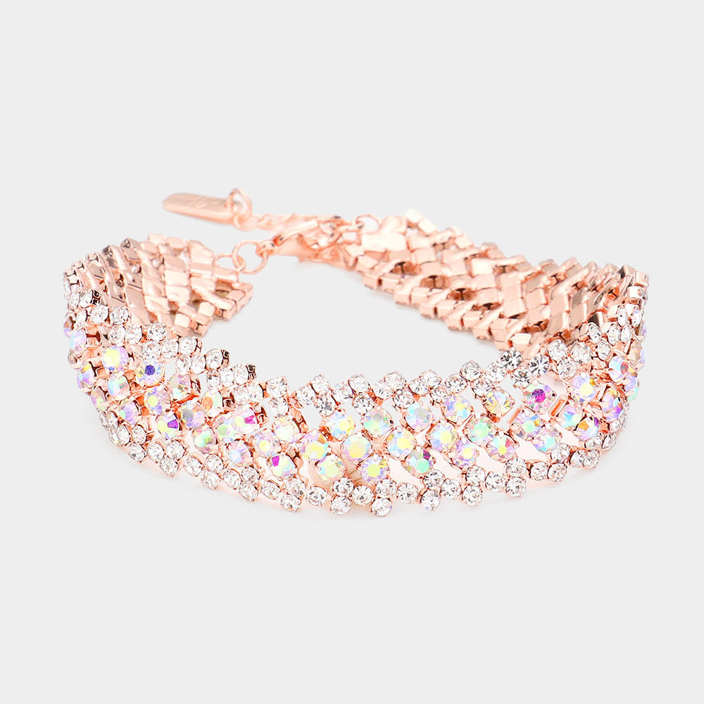 Bubble Stone Evening Bracelet featuring rose gold metal and sparkling iridescent crystals in a woven pattern