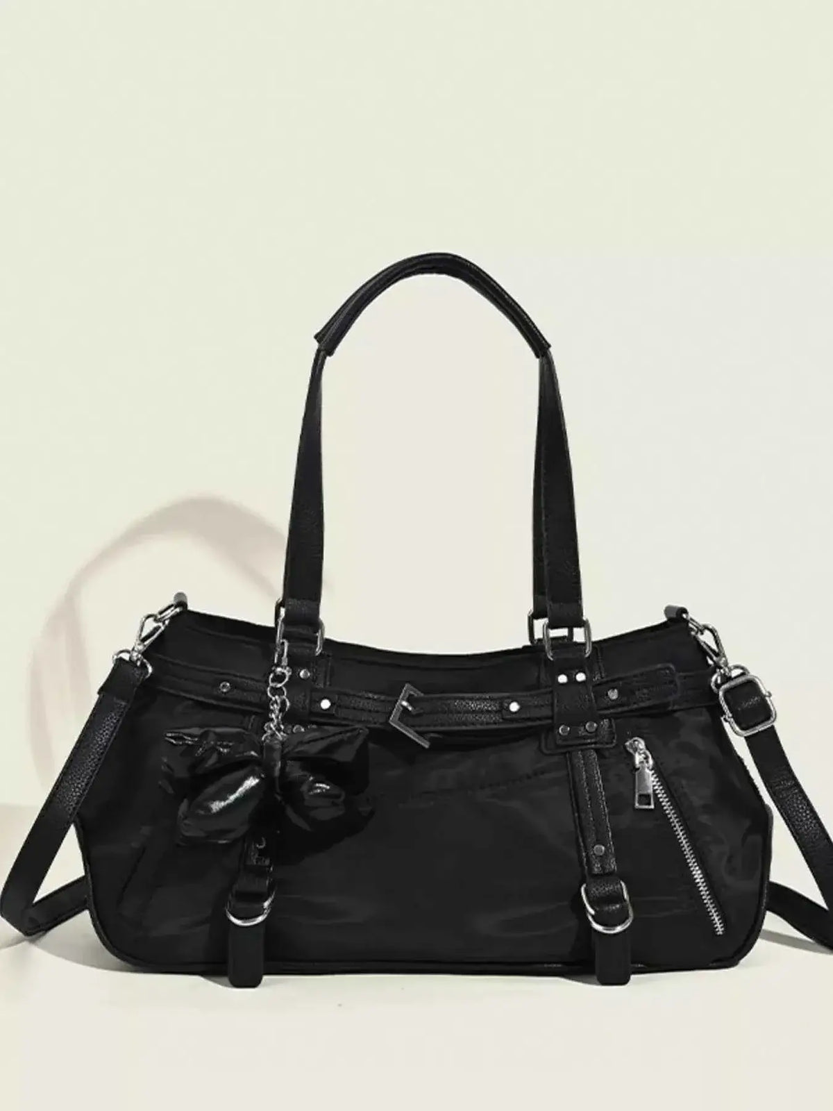 Buckle Decor Leather Handbag in black PU leather with buckle, zipper details, and detachable shoulder strap