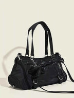 Buckle Decor Leather Handbag in black PU leather with silver buckle and zipper details, medium size with double handles