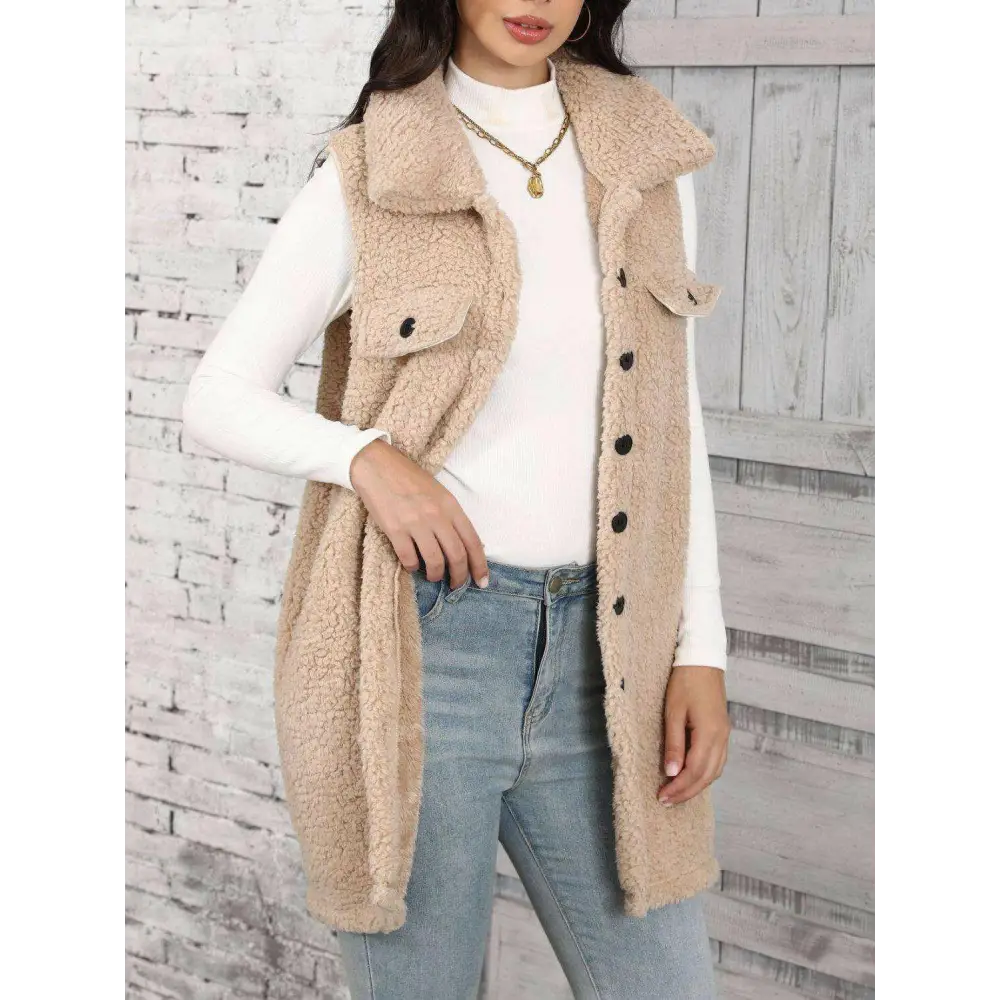 Elevate your wardrobe with the luxurious teddy vest coat $28.96 buttoned for a sophisticated finish, elevating