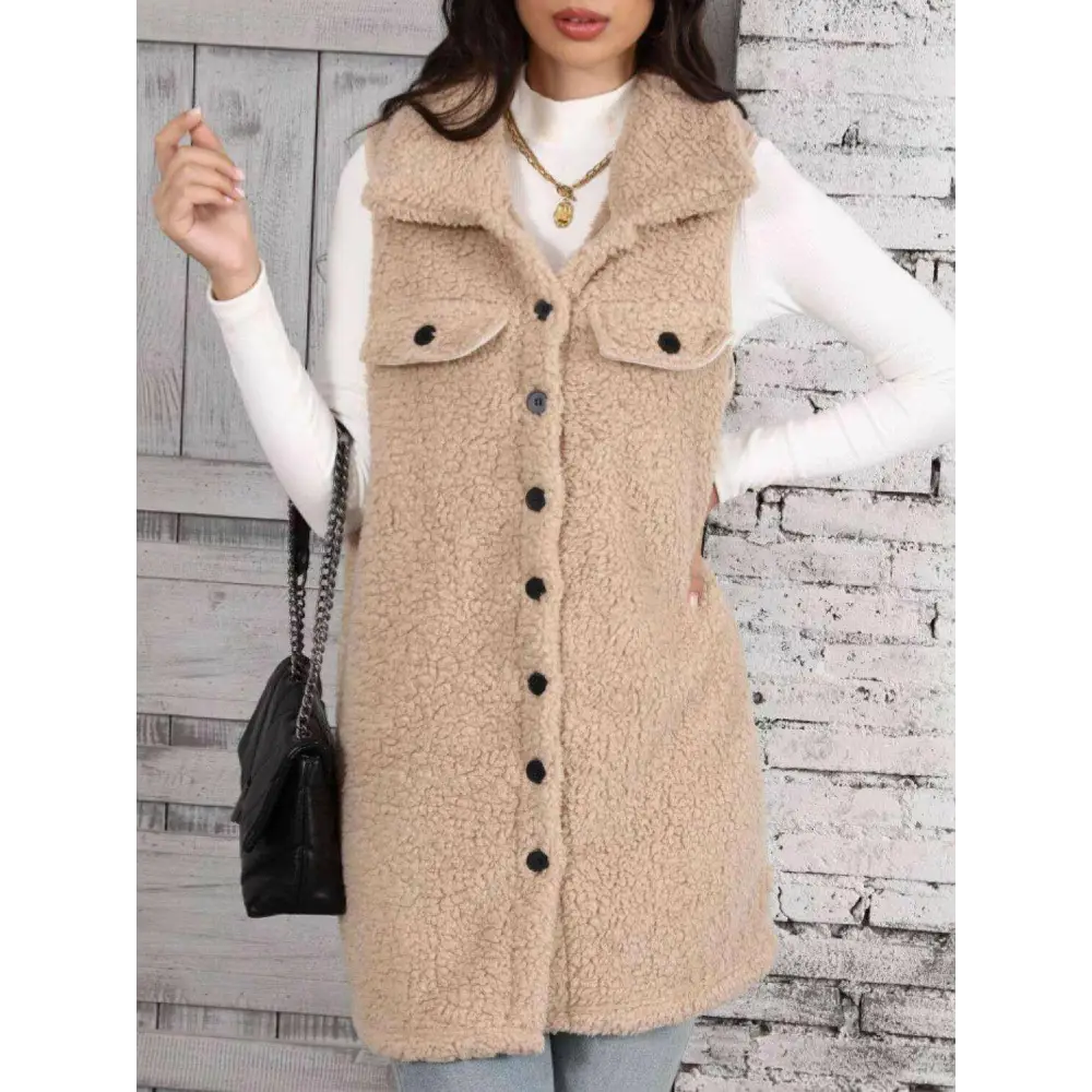 Elevate your wardrobe with the luxurious teddy vest coat $28.96 buttoned for a sophisticated finish, elevating