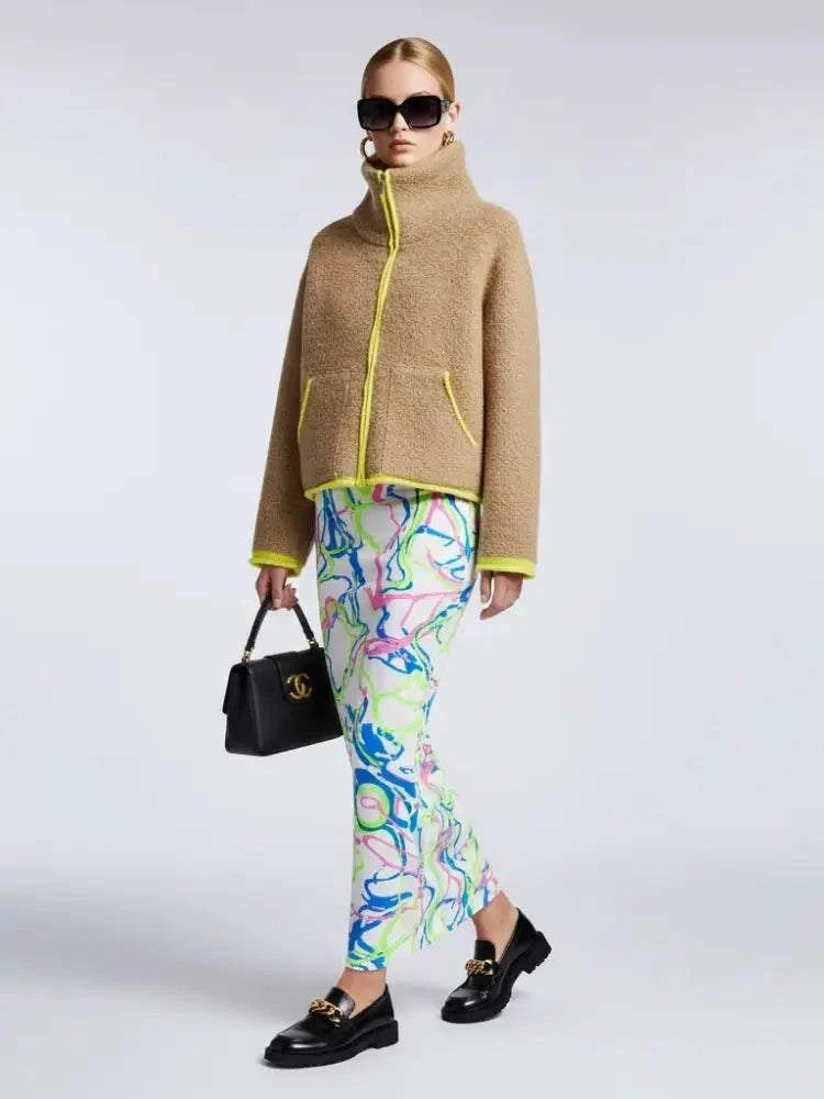 Camel Bouclé Knit Jacket with Neon Trims and Funnel Neck • BYMANYC ® New York