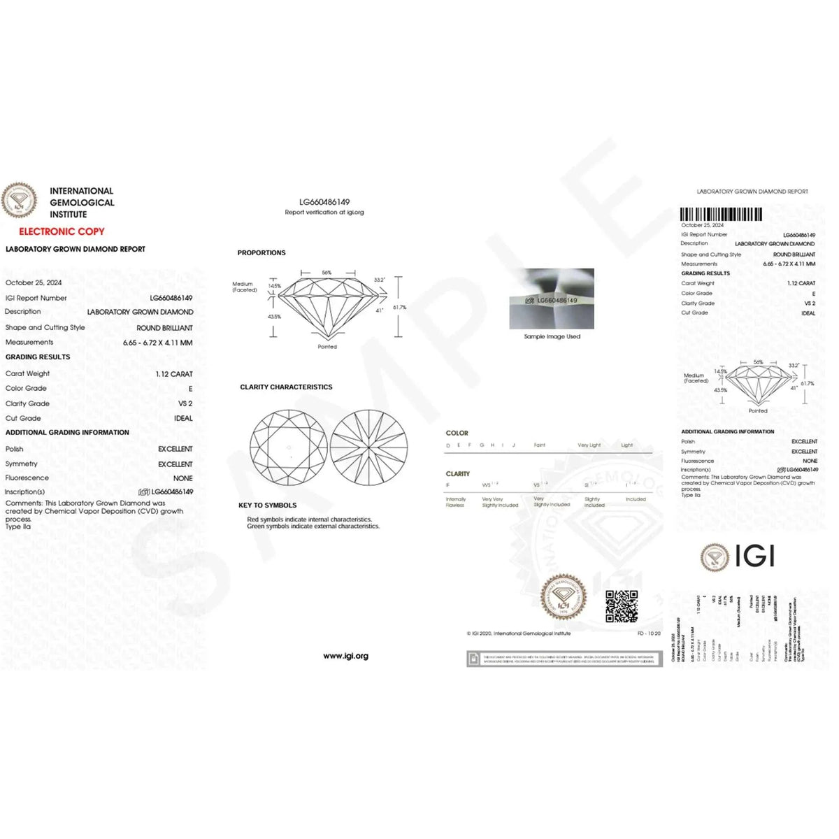 Carat IGI Certified Oval Diamond certificate showing detailed grading and measurements for a round brilliant diamond weighing 1.12 carats with VS2 clarity and E color grade