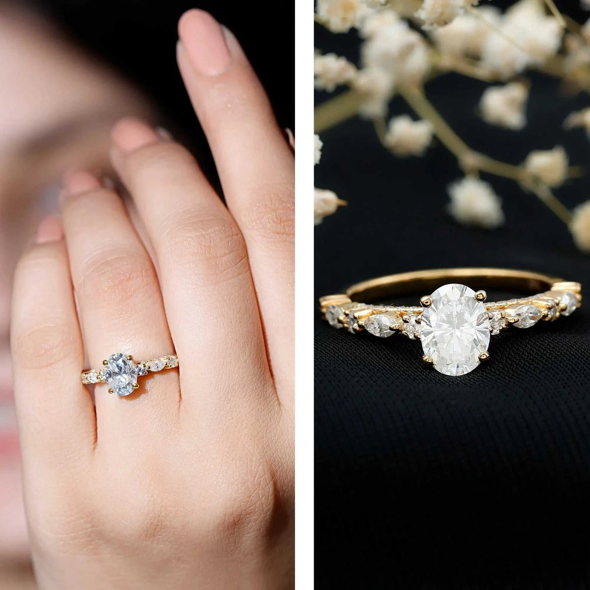 Carat IGI Certified Oval Diamond solitaire engagement ring with a 1 carat oval cut lab grown diamond center stone and round marquise side stones set in yellow gold