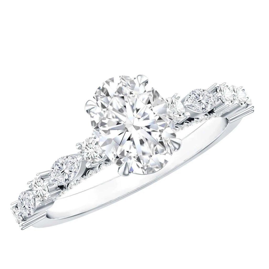 Carat IGI Certified Oval Diamond solitaire engagement ring with a large oval center stone and smaller marquise and round side stones on a white metal band