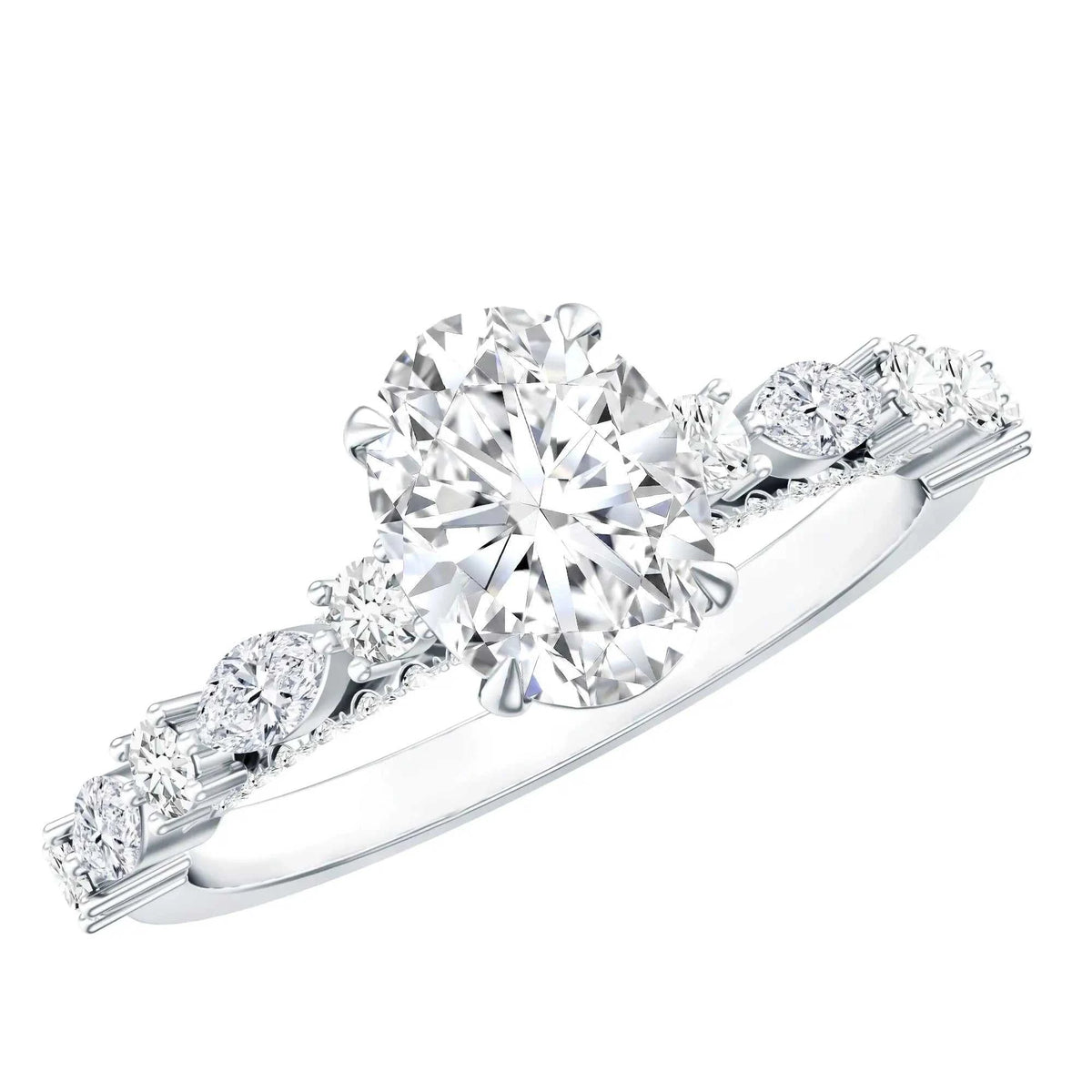 Carat IGI Certified Oval Diamond solitaire engagement ring with a large oval center stone and smaller marquise and round side stones on a white metal band