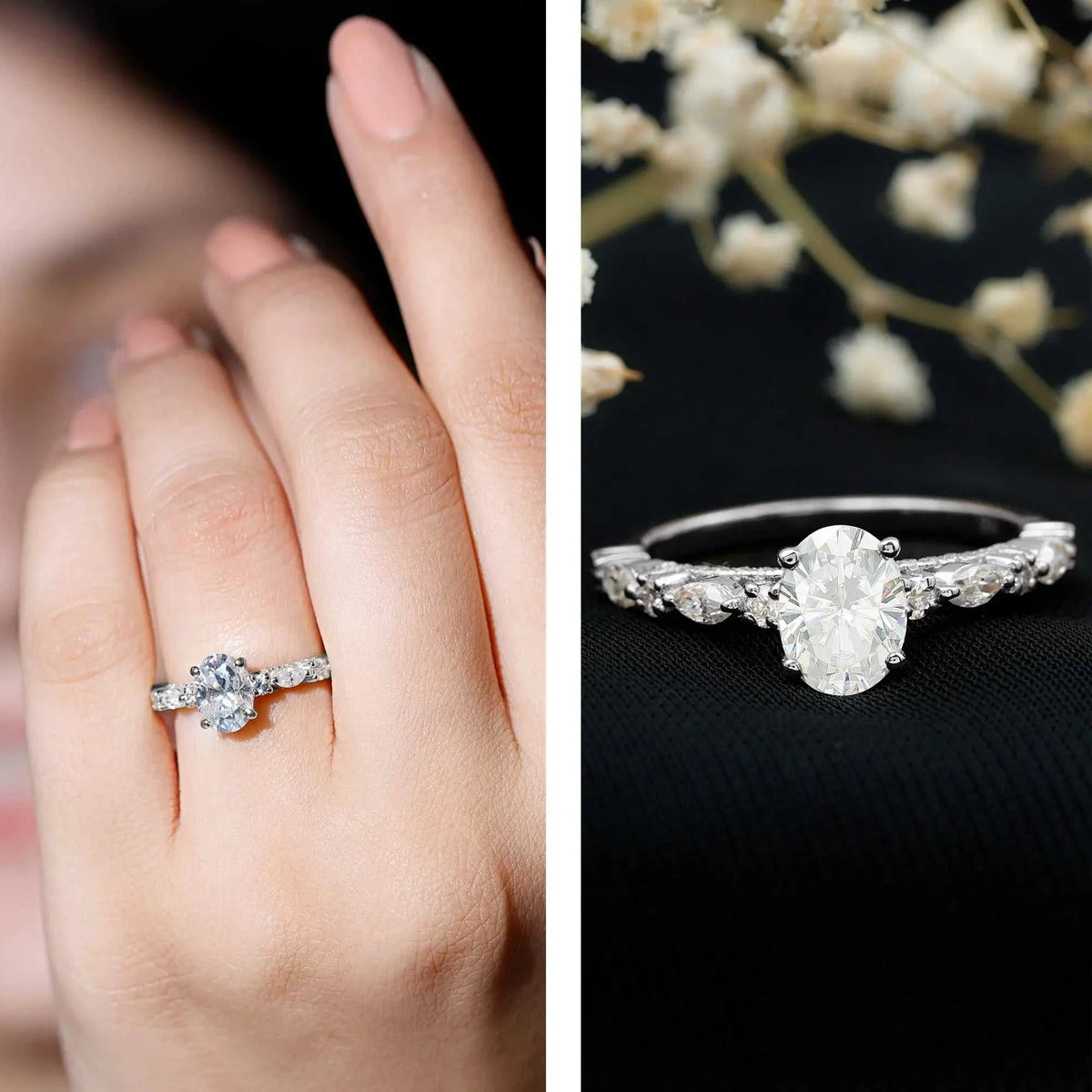 Carat IGI Certified Oval Diamond solitaire engagement ring with a large oval center stone and marquise cut side stones in a white metal band