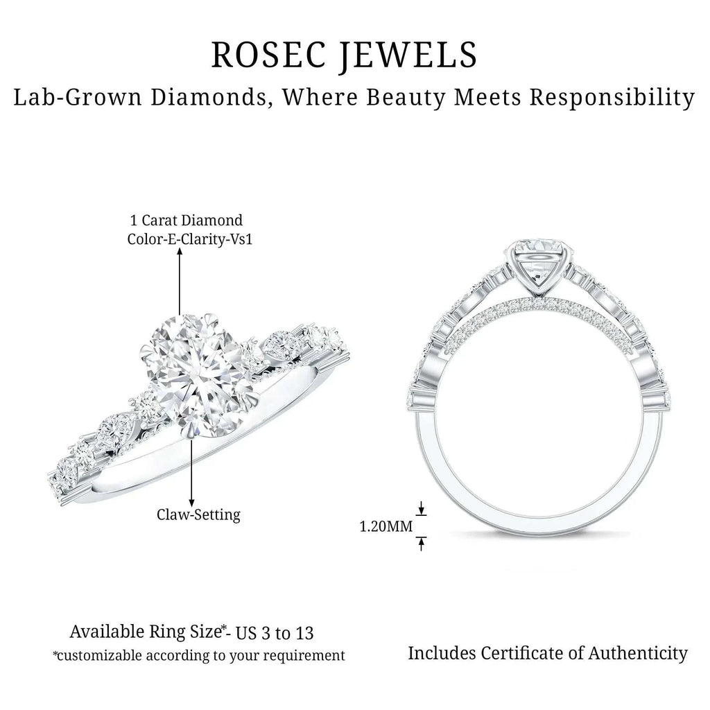 Carat IGI Certified Oval Diamond solitaire engagement ring with 1 carat oval lab grown diamond and round side stones in claw setting