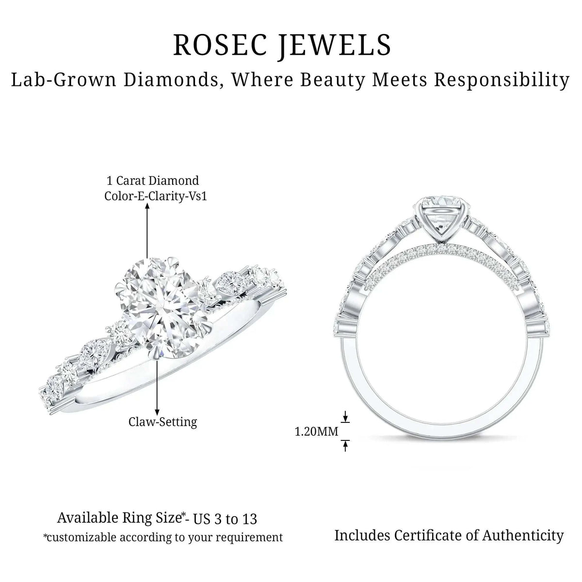 Carat IGI Certified Oval Diamond solitaire engagement ring with 1 carat oval lab grown diamond and round side stones in claw setting