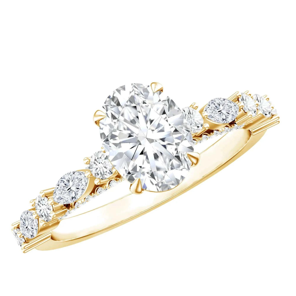 Yellow gold engagement ring featuring a large Carat IGI Certified Oval Diamond center stone with round and marquise cut side diamonds