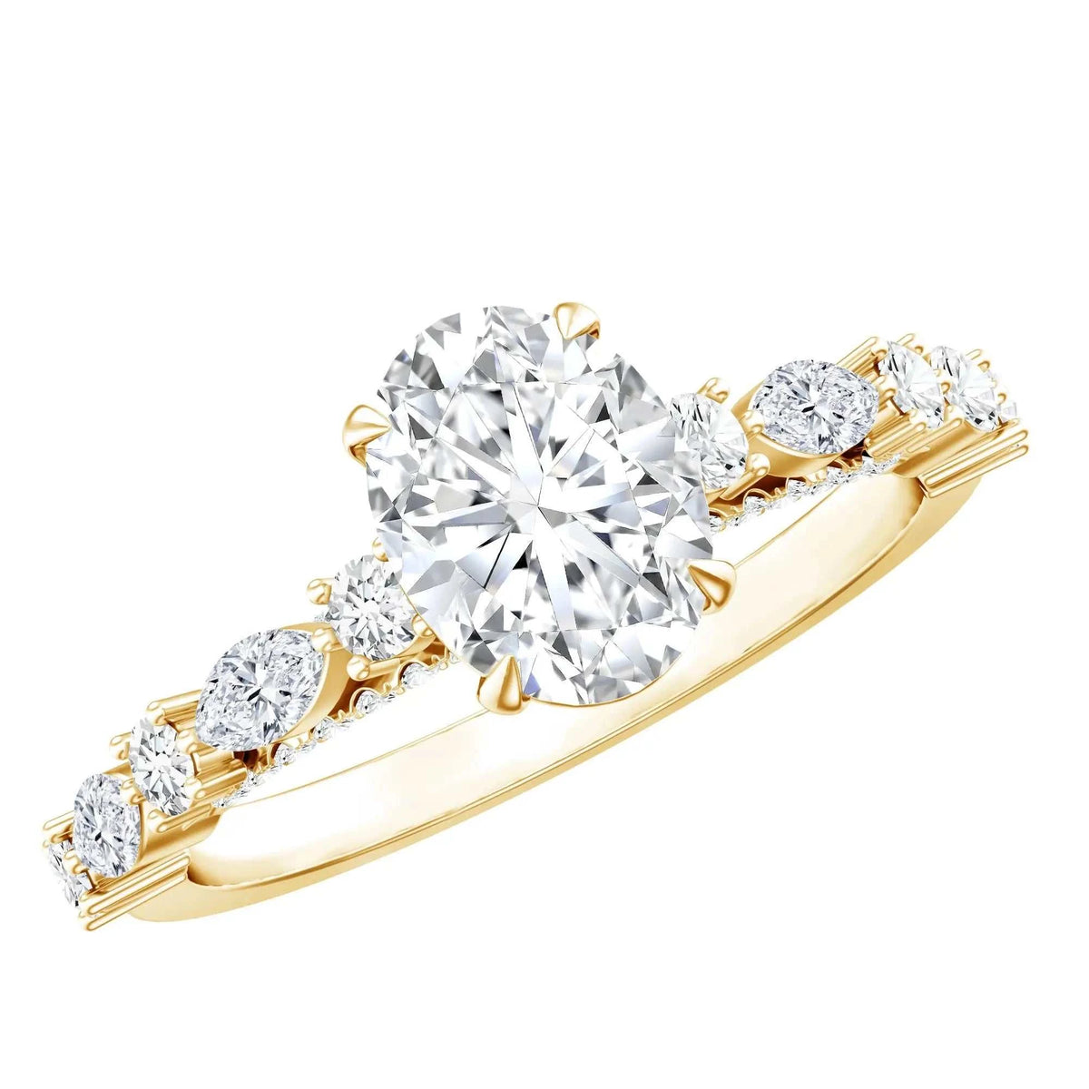 Yellow gold engagement ring featuring a large Carat IGI Certified Oval Diamond center stone with round and marquise cut side diamonds