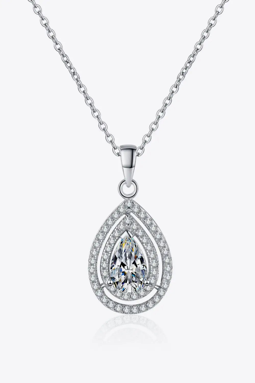 Carat Moissanite Teardrop Pendant necklace in rhodium-plated 925 sterling silver featuring a central pear-shaped moissanite surrounded by smaller zircon stones