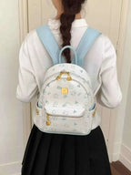 Mini Cartoon Pattern Backpack in white PU leather featuring light blue bear and star prints with gold zipper and bear pendant