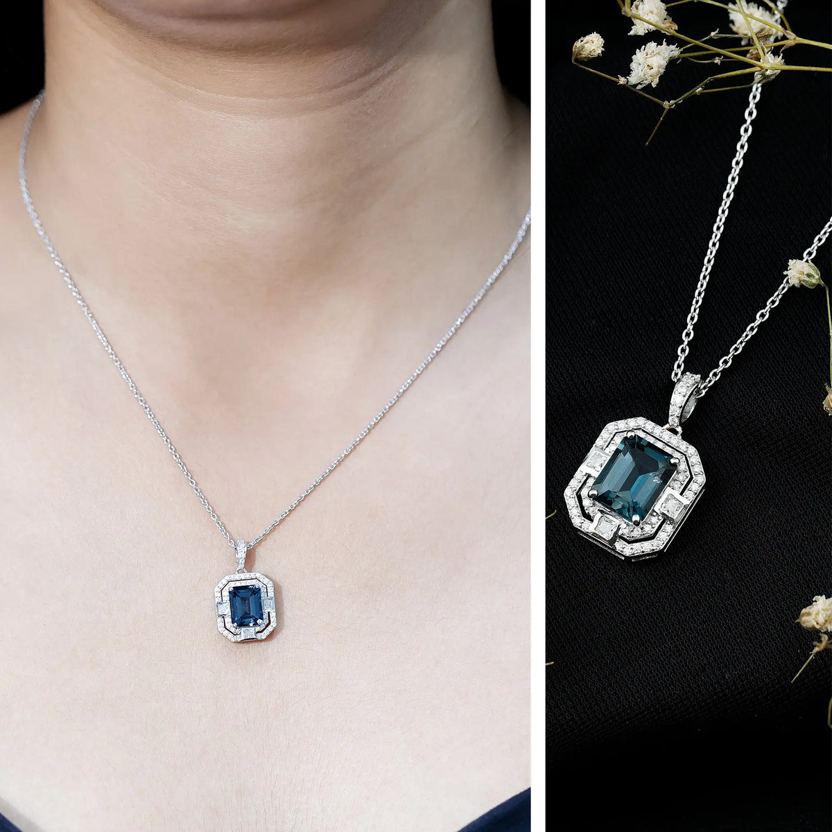 Certified 1.8 Carat Emerald Cut London Blue Topaz Vintage Necklace with Silver Chain