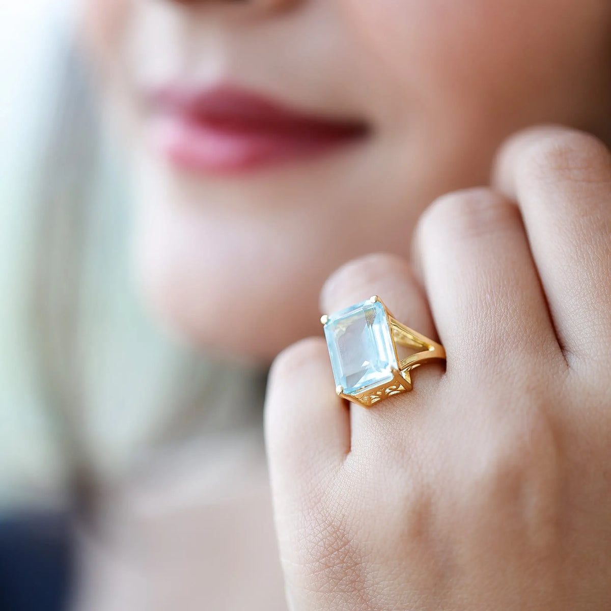 Certified 9 Carat Aquamarine Emerald Cut Engagement Ring in Yellow Gold Plated Silver