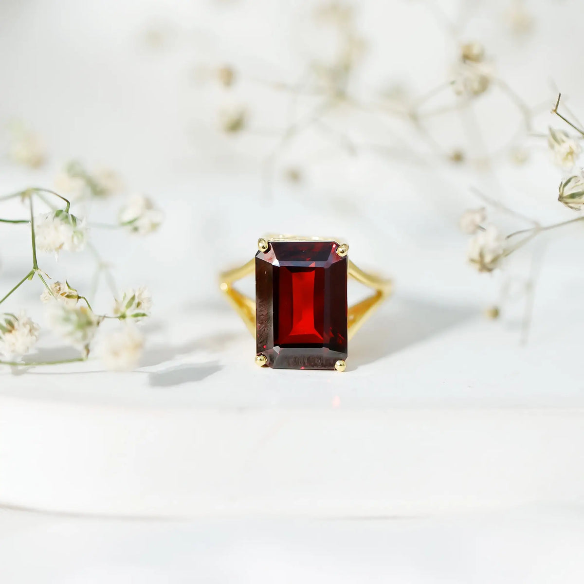 Certified 9 Carat Lab Grown Garnet Emerald Cut Engagement Ring with Split Shank