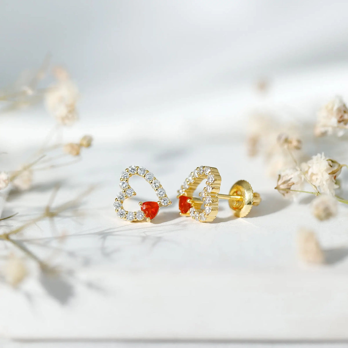 Certified Fire Opal and Diamond Heart Stud Earrings in Silver