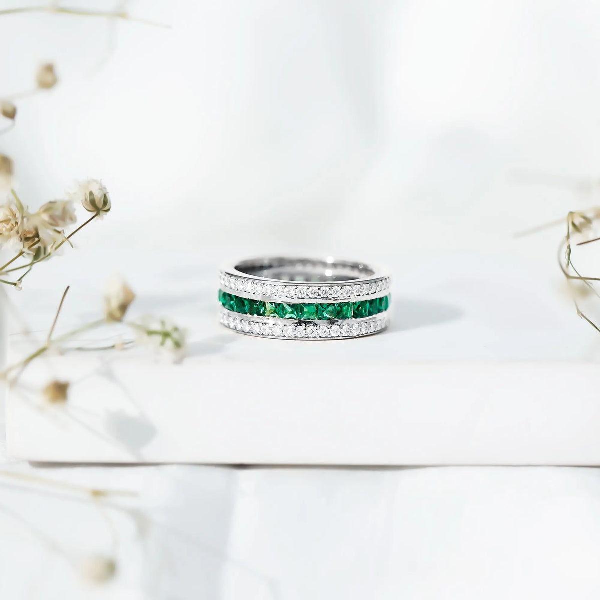 Certified Lab Grown Emerald 3 Row Eternity Wedding Band